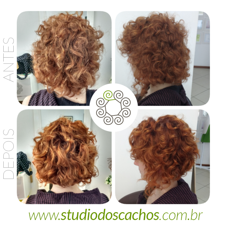 Corte moderno e cacheada ruiva. Visual moderno.